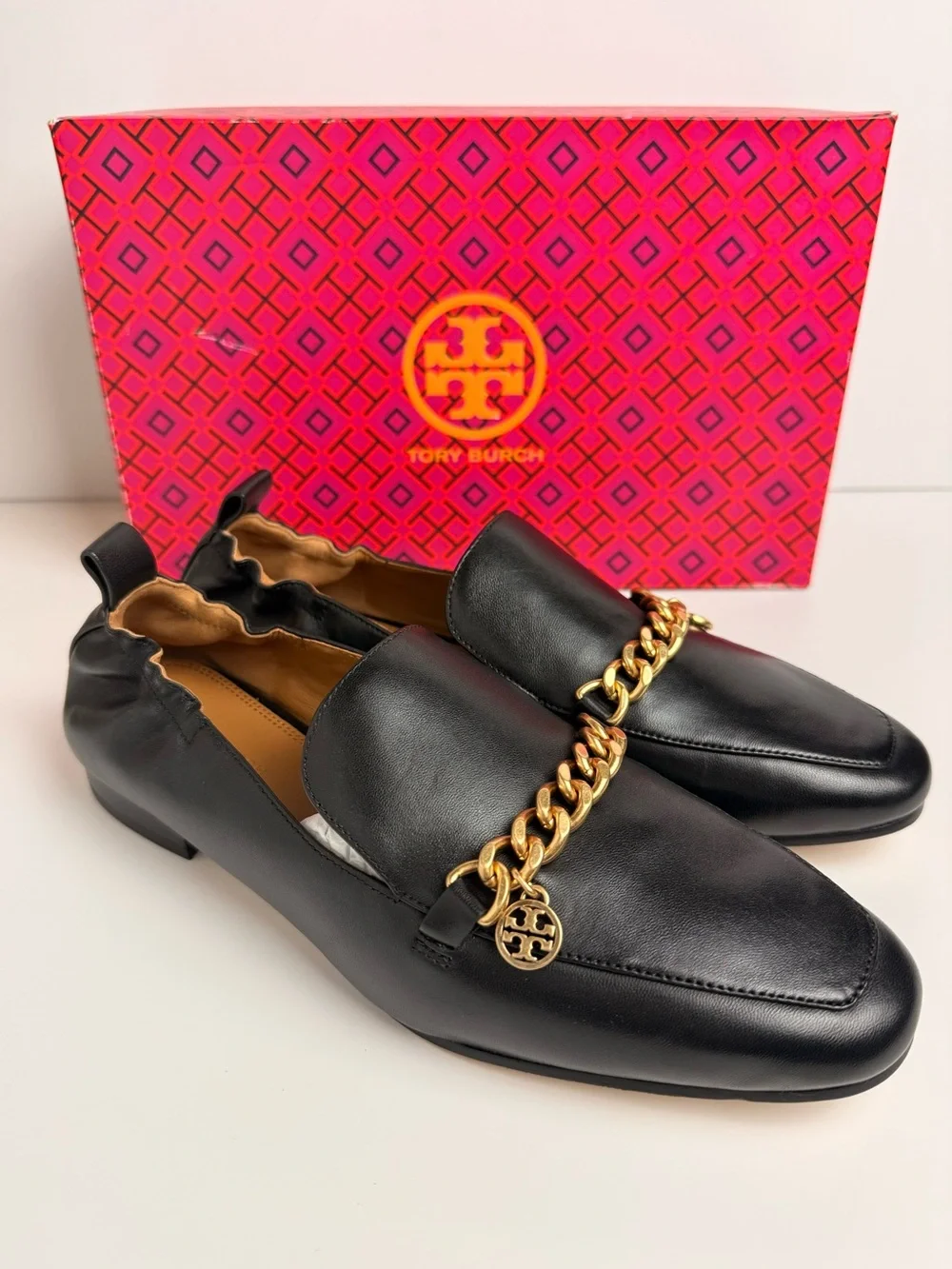 Tory Burch Mini Benton Charm 20mm Loafers Black Calf Leather Gold Chain 8 & 8.5